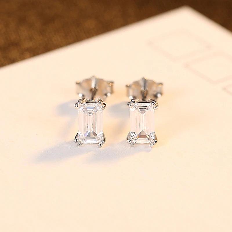 925 Silver Emerald Cut CZ Stud Earrings Geometric Design Classic Ear Studs