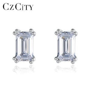 925 Silver Emerald Cut CZ Stud Earrings Geometric Design Classic Ear Studs