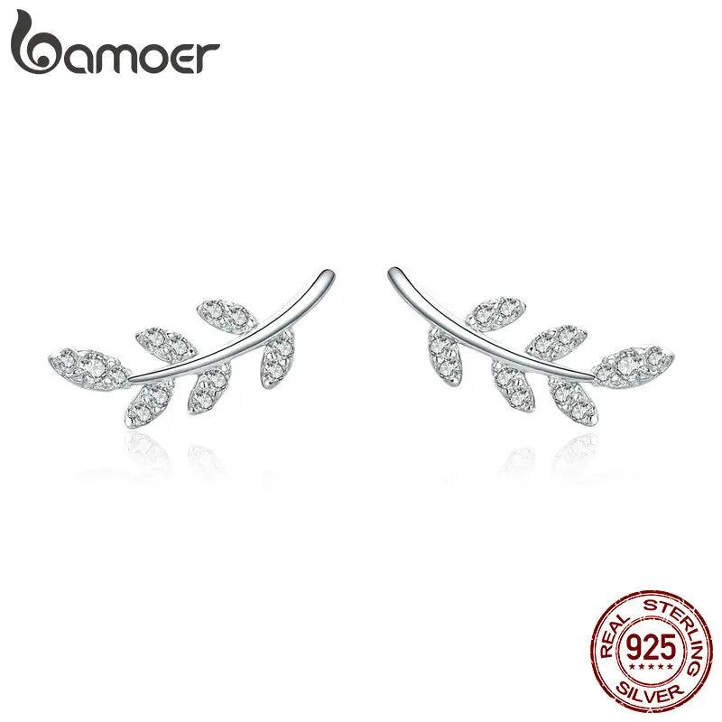 925 Silver Spring Leaf Clear CZ Zircon Stud Earrings Women Jewelry BSE031