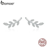 925 Silver Spring Leaf Clear CZ Zircon Stud Earrings Women Jewelry BSE031