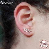 925 Silver Spring Leaf Clear CZ Zircon Stud Earrings Women Jewelry BSE031