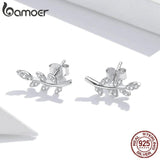 925 Silver Spring Leaf Clear CZ Zircon Stud Earrings Women Jewelry BSE031
