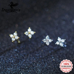 TrustDavis 925 Sterling Silver Flower CZ Stud Earring Women Wedding Jewelry