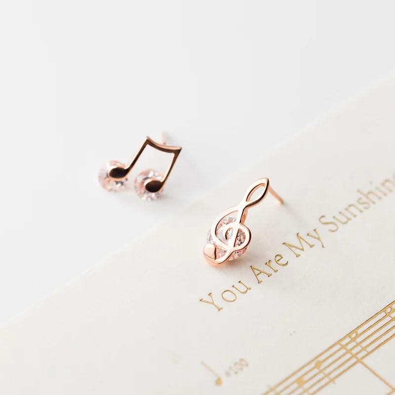 925 Silver Zircon Music Note Clef Stud Earrings for Women