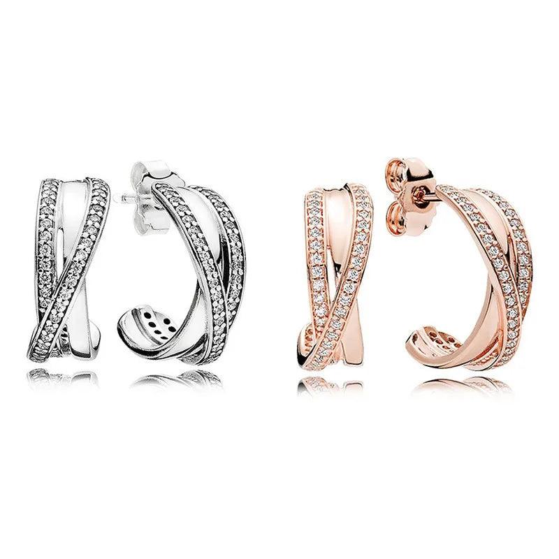 925 Silver Rose Entwined Circles Crystal Earrings Wedding Jewelry