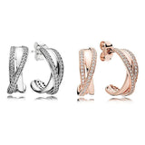 925 Silver Rose Entwined Circles Crystal Earrings Wedding Jewelry
