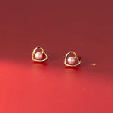 925 Silver Love Heart Pearl Stud Earrings Wedding Jewelry