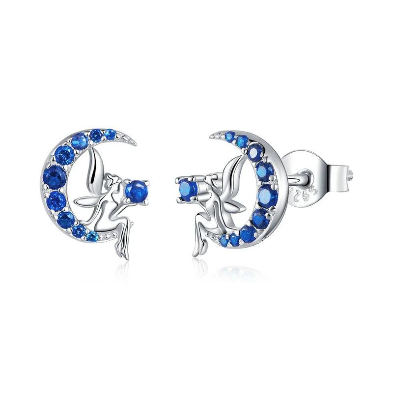 925 Silver Cat on Moon Stud Earrings for Women GXE880