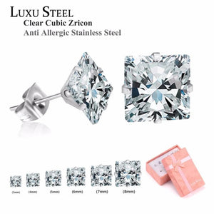 Square Shape CZ Stainless Steel Stud Earring 3-8mm 6Pairs/Box Earrings Sets