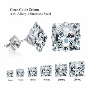 Square Shape CZ Stainless Steel Stud Earring 3-8mm 6Pairs/Box Earrings Sets