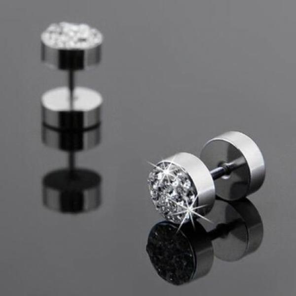 Black/Silver Barbell Punk Ear Studs Stainless Steel Crystal Rhinestone