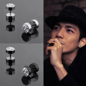 Black/Silver Barbell Punk Ear Studs Stainless Steel Crystal Rhinestone