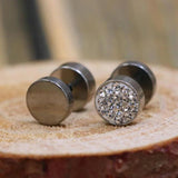 Black/Silver Barbell Punk Ear Studs Stainless Steel Crystal Rhinestone
