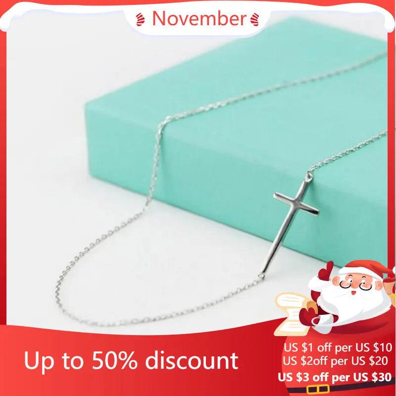 925 Sterling Silver Cross Pendant Necklace Women Sweet Wild Short Design