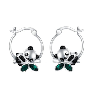 Panda Enamel Hoop Earrings with Emeralds - Silver Plated Jewelry Gift