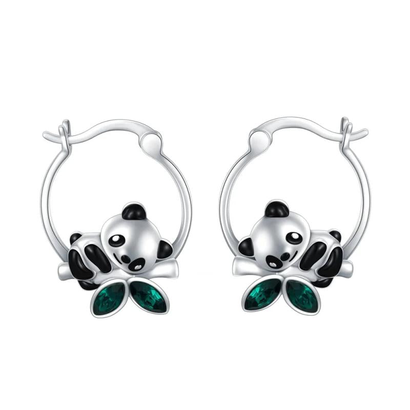 Panda Enamel Hoop Earrings with Emeralds - Silver Plated Jewelry Gift