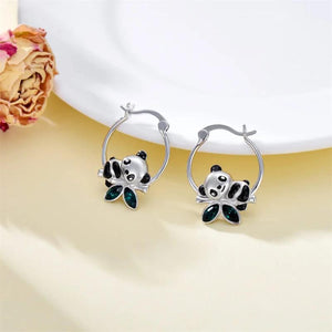 Panda Enamel Hoop Earrings with Emeralds - Silver Plated Jewelry Gift