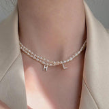 Personalized Initial Letter Necklace Zircon Collares Pearl Chain