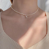 Personalized Initial Letter Necklace Zircon Collares Pearl Chain