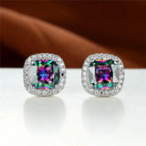 Vintage Opal Rainbow Zircon Earrings Silver Studs