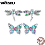 925 Silver Rainbow CZ Dragonfly Stud Earrings Insect Ear Studs Party Gift