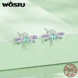 925 Silver Rainbow CZ Dragonfly Stud Earrings Insect Ear Studs Party Gift