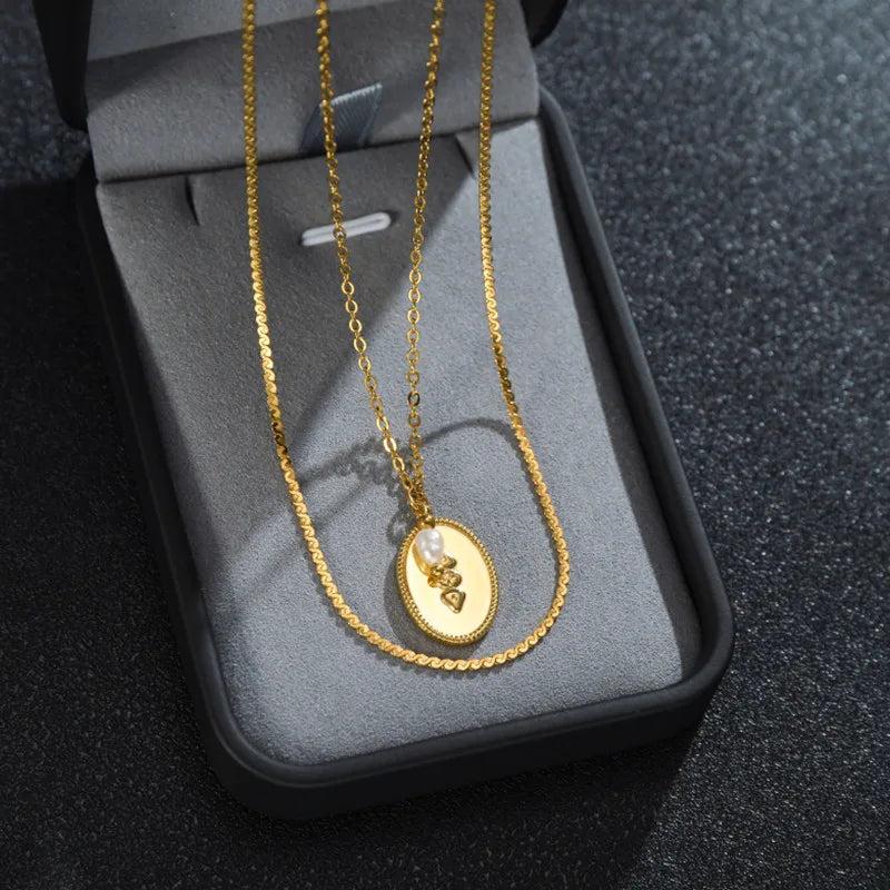Oval Heart Pearl Letter Double Layer Chain Necklace