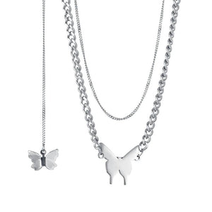 Personalized Butterfly Necklace Double Chain Name Engraved Stainless Steel Jewel
