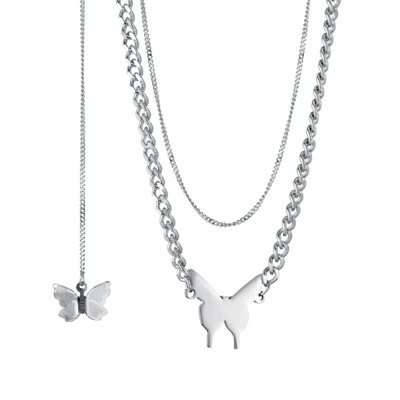 Personalized Butterfly Necklace Double Chain Name Engraved Stainless Steel Jewel