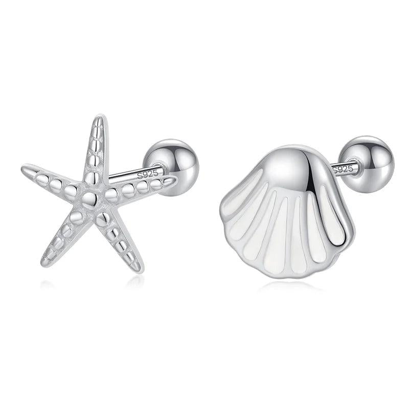 TrustDavis 925 Sterling Silver Asymmetric Starfish Shells Earring