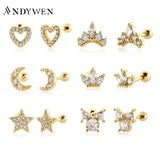 925 Silver Heart Beads Stud Earrings Moon Star Piercing Queen Butterfly