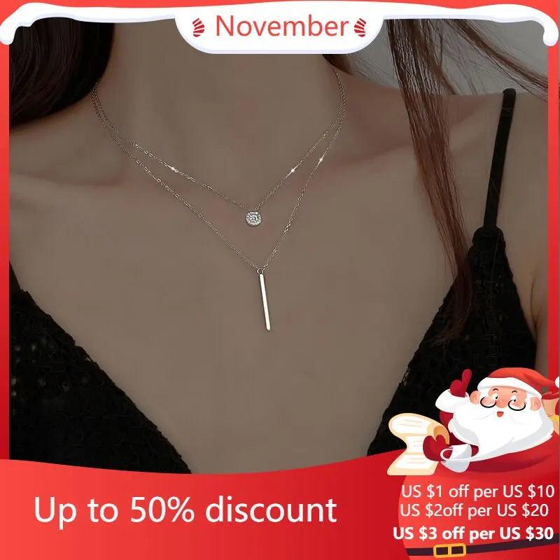 925 Silver Square Zircon Double Necklace Women Chain
