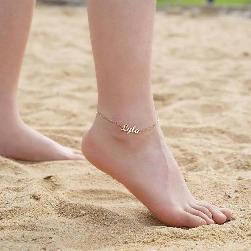 VishowCo Name Anklet Stainless Steel Personalized Nameplate Ankle Summer Jewelry