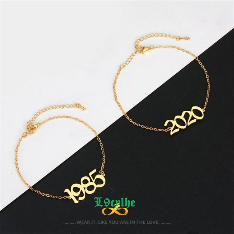 Personalized Old English Number Anklet - Stainless Steel