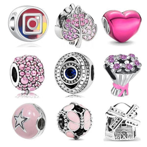 925 Silver Pink Zirconia Mom Butterfly Charm Bead for Bracelet DIY Jewelry