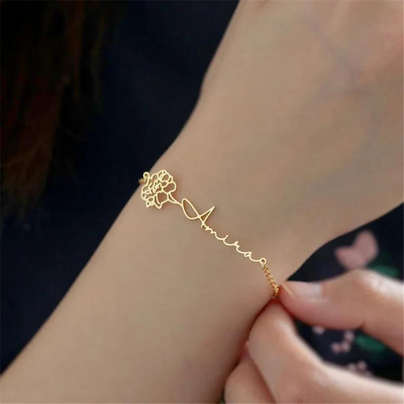 Birth Flower Name Bracelet Stainless Steel Letter Bracelet for Women