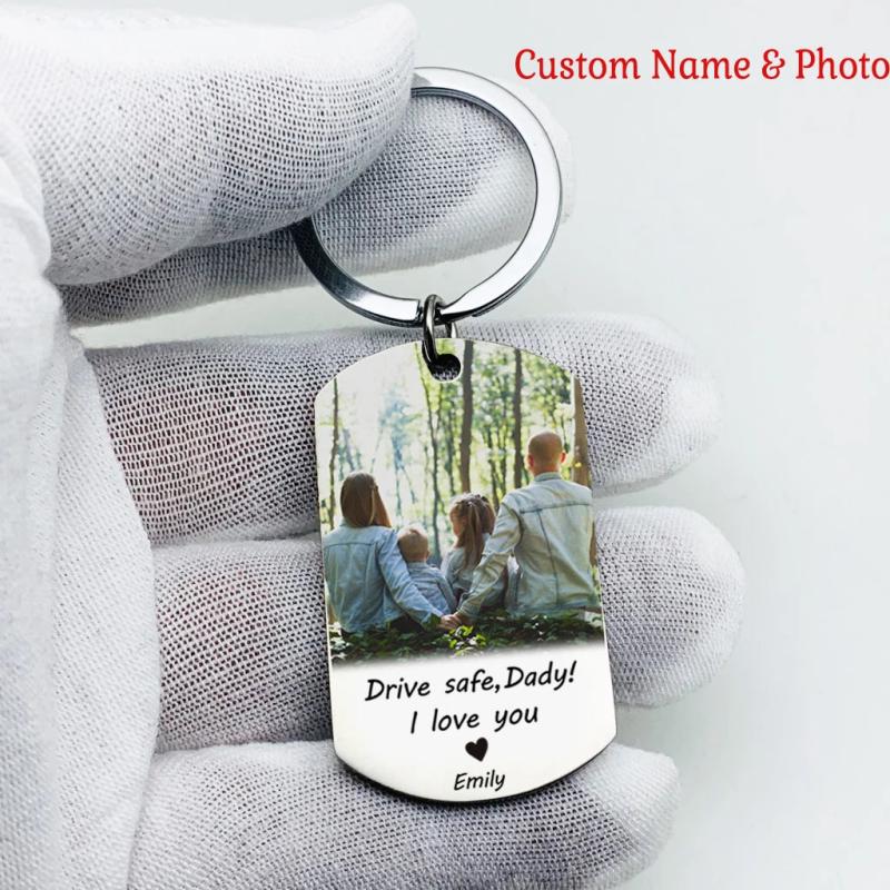 Personalized Father's Gift Keychain Photo Name Drive Safe Keyring