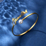 Personalized Name Letter Bracelet Pearl Bangle Stainless Steel Jewelry