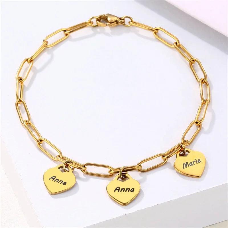 Customized Heart Charm Bracelet with Up to 5 Names Stainless Steel Chain
