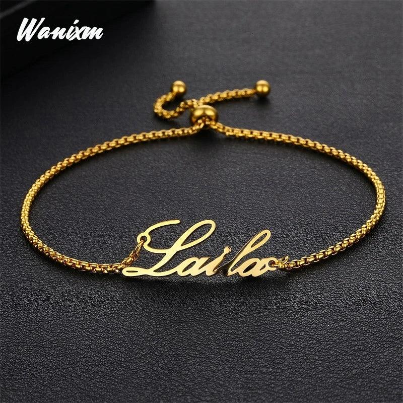 Name Bracelet Women Stainless Steel Adjustable Stretch Arabic Letter
