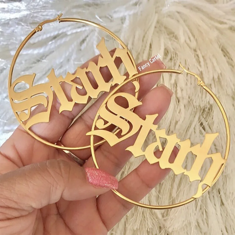 Personalised Name Hoop Earrings Stainless Steel 70MM Diameter Modern Brincos