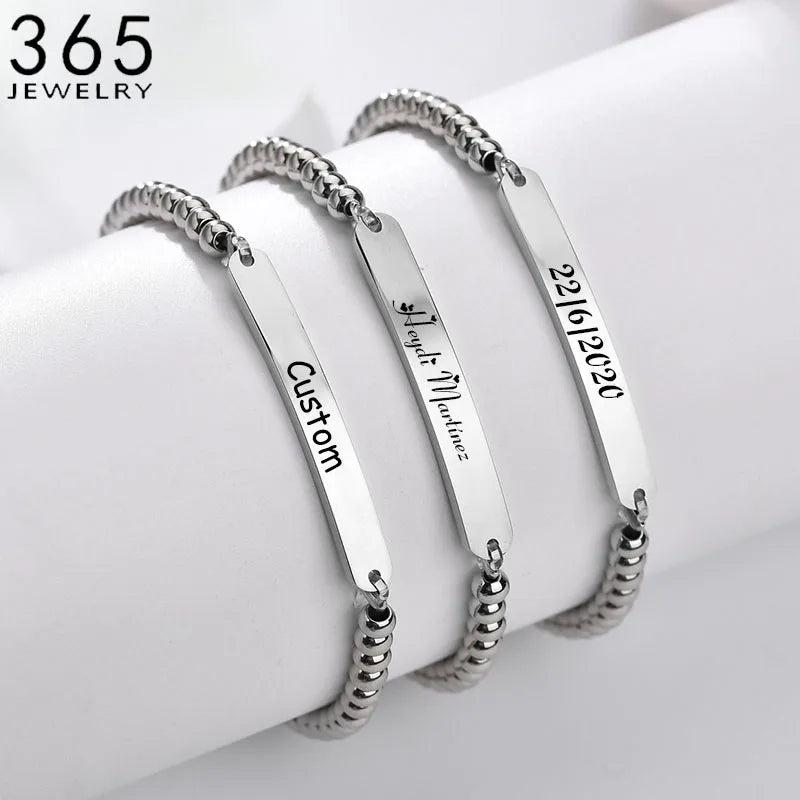 Personalized Stainless Steel Name Bead Bracelet - Engraved Date