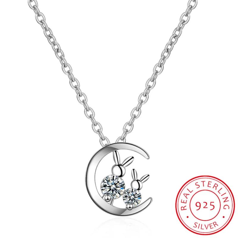 925 Silver Crystal Moon Cat Necklace - Women's Kitty Pendant