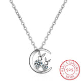 925 Silver Crystal Moon Cat Necklace - Women's Kitty Pendant