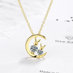 925 Silver Crystal Moon Cat Necklace - Women's Kitty Pendant