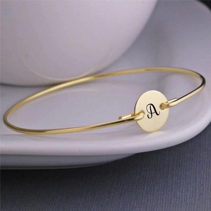 Personalized Initial Bangle Stainless Steel Coin Cuff Bracelet