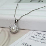 925 Silver Necklace, 6mm Shell Pearl & Zircon, 40/45cm+5cm Chain