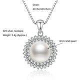 925 Silver Necklace, 6mm Shell Pearl & Zircon, 40/45cm+5cm Chain