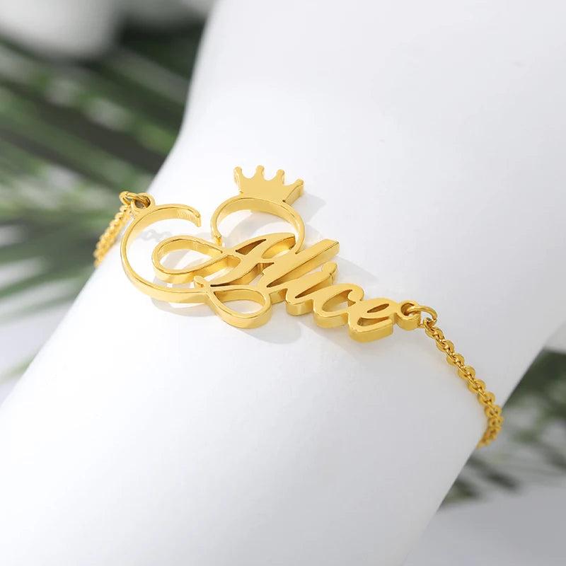 Personalized Name Bracelets Stainless Steel Charm Crown Bracelet Bangle
