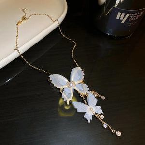 Double Pendant Pearl Crystal Lace Butterfly Necklace For Women